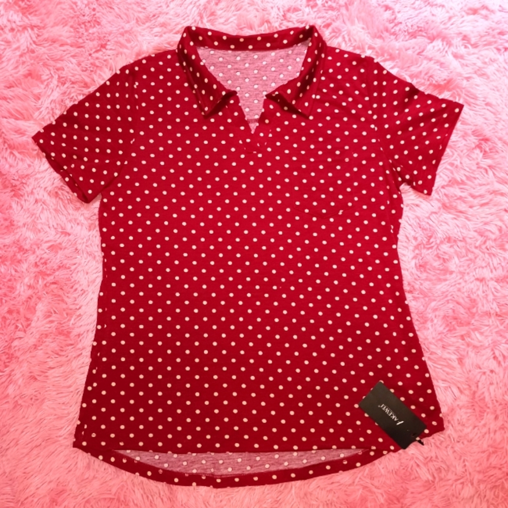 AKEWEI Women's Blouse, colored T-Shirt. Size L, Dark Red with white polka dot.